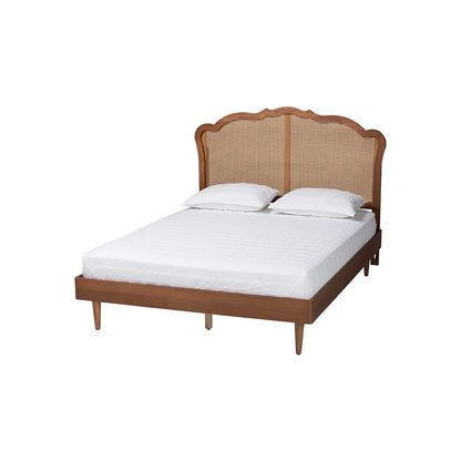 Camden Mid-Century Walnut Brown Wood and Rattan Queen Size Platform Bed