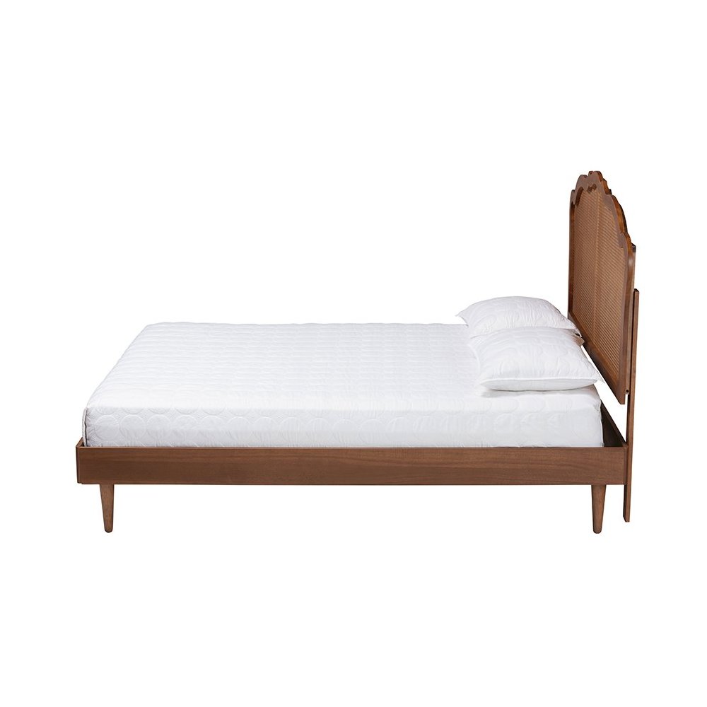 Camden Mid-Century Walnut Brown Wood and Rattan Queen Size Platform Bed
