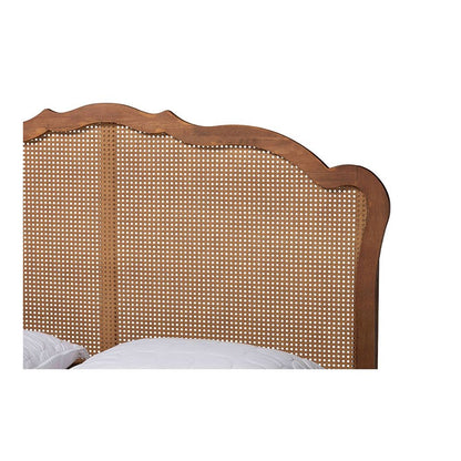 Camden Mid-Century Walnut Brown Wood and Rattan Queen Size Platform Bed