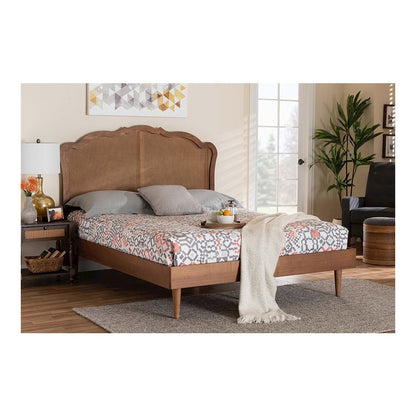 Camden Mid-Century Walnut Brown Wood and Rattan Queen Size Platform Bed