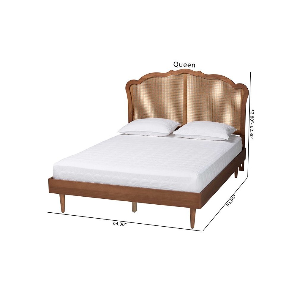 Camden Mid-Century Walnut Brown Wood and Rattan Queen Size Platform Bed