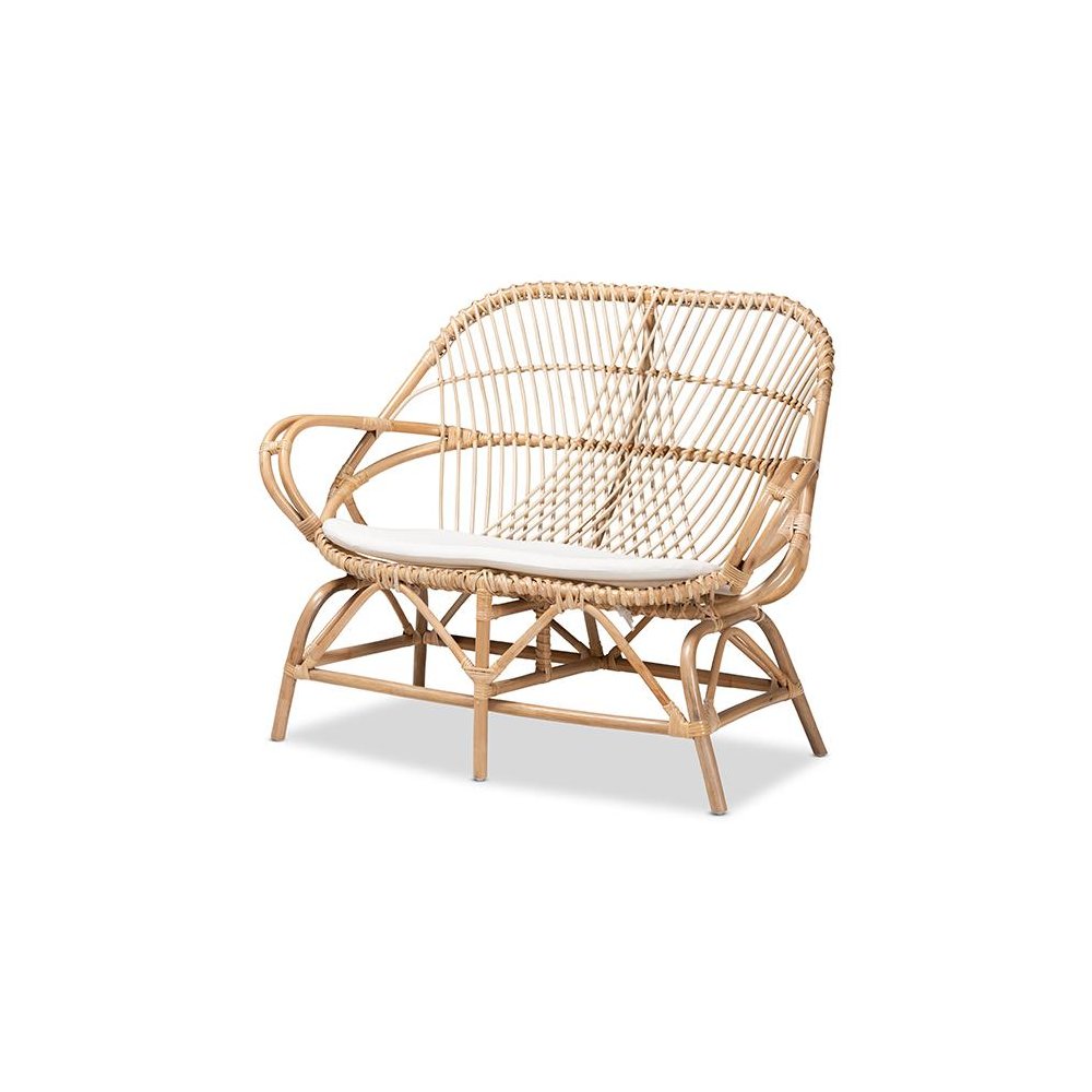 Bohemian White Fabric Upholstered and Natural Brown Finished Rattan Loveseat