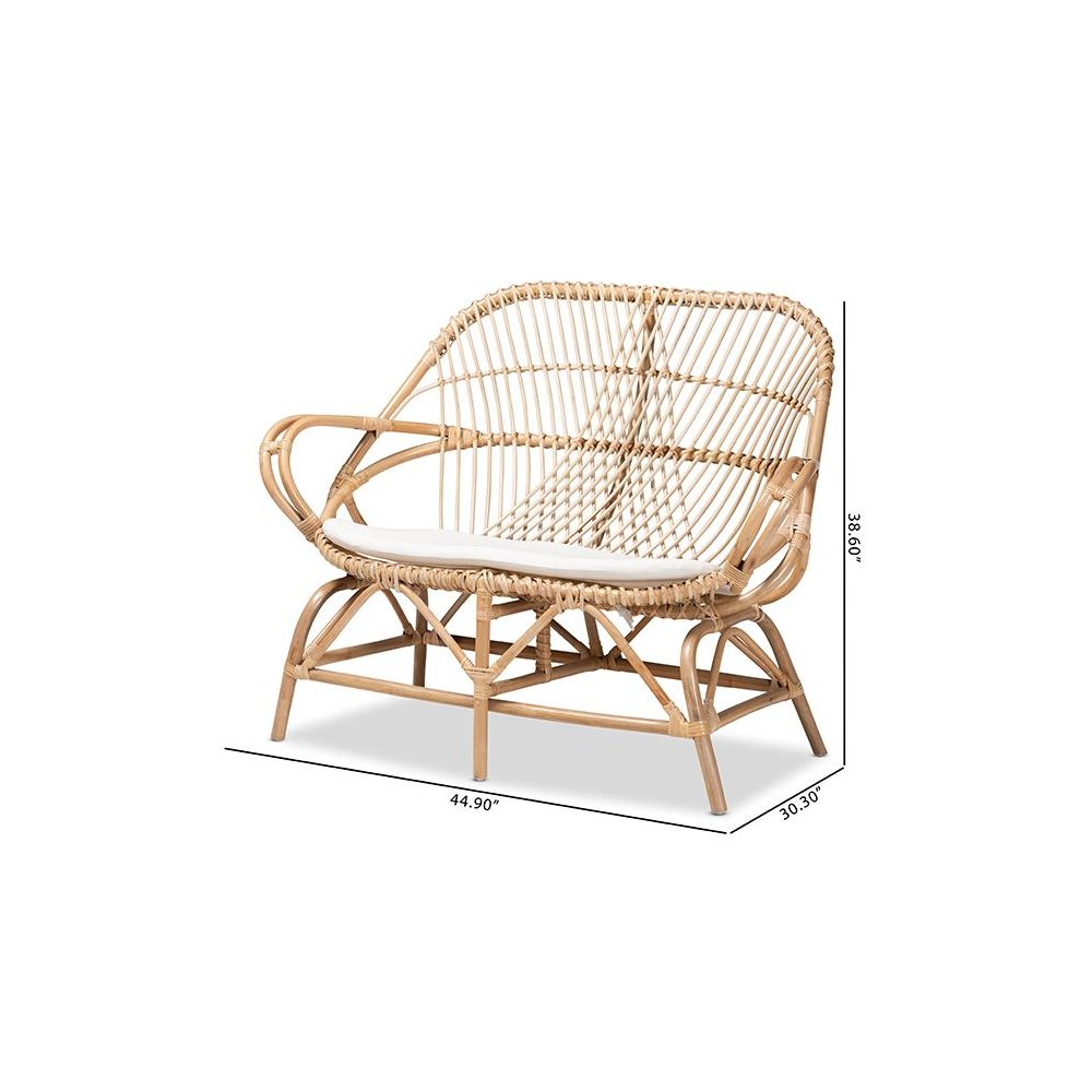 Bohemian White Fabric Upholstered and Natural Brown Finished Rattan Loveseat