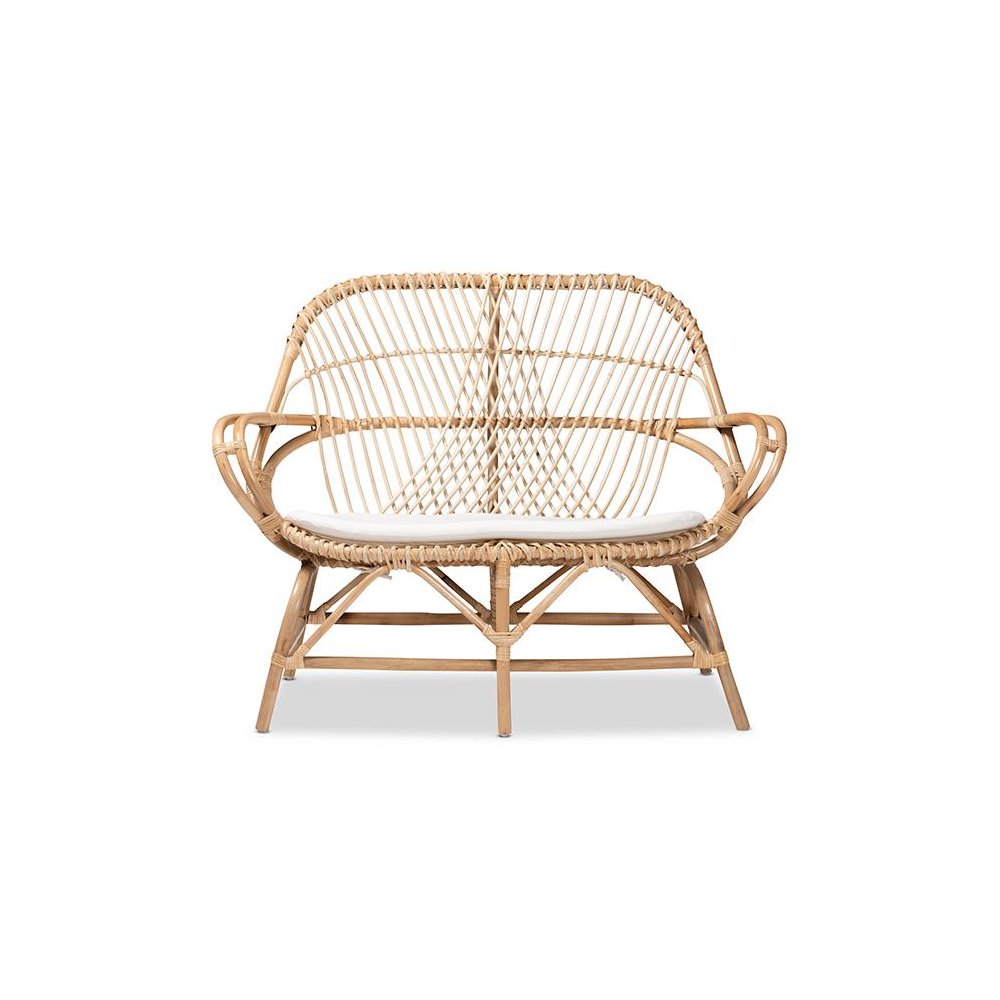 Bohemian White Fabric Upholstered and Natural Brown Finished Rattan Loveseat