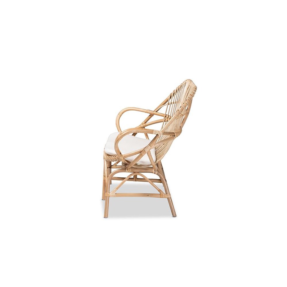 Bohemian White Fabric Upholstered and Natural Brown Finished Rattan Loveseat
