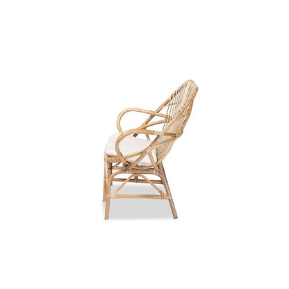 Bohemian White Fabric Upholstered and Natural Brown Finished Rattan Loveseat