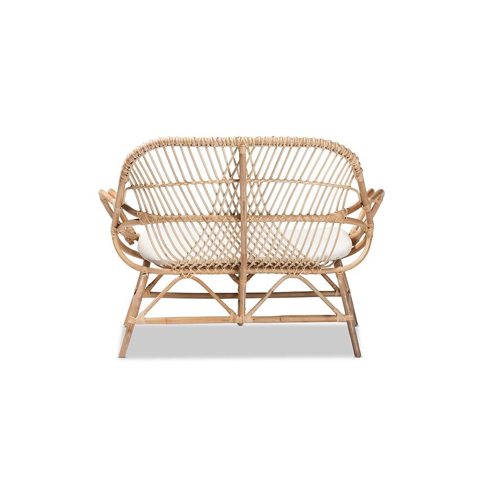 Bohemian White Fabric Upholstered and Natural Brown Finished Rattan Loveseat