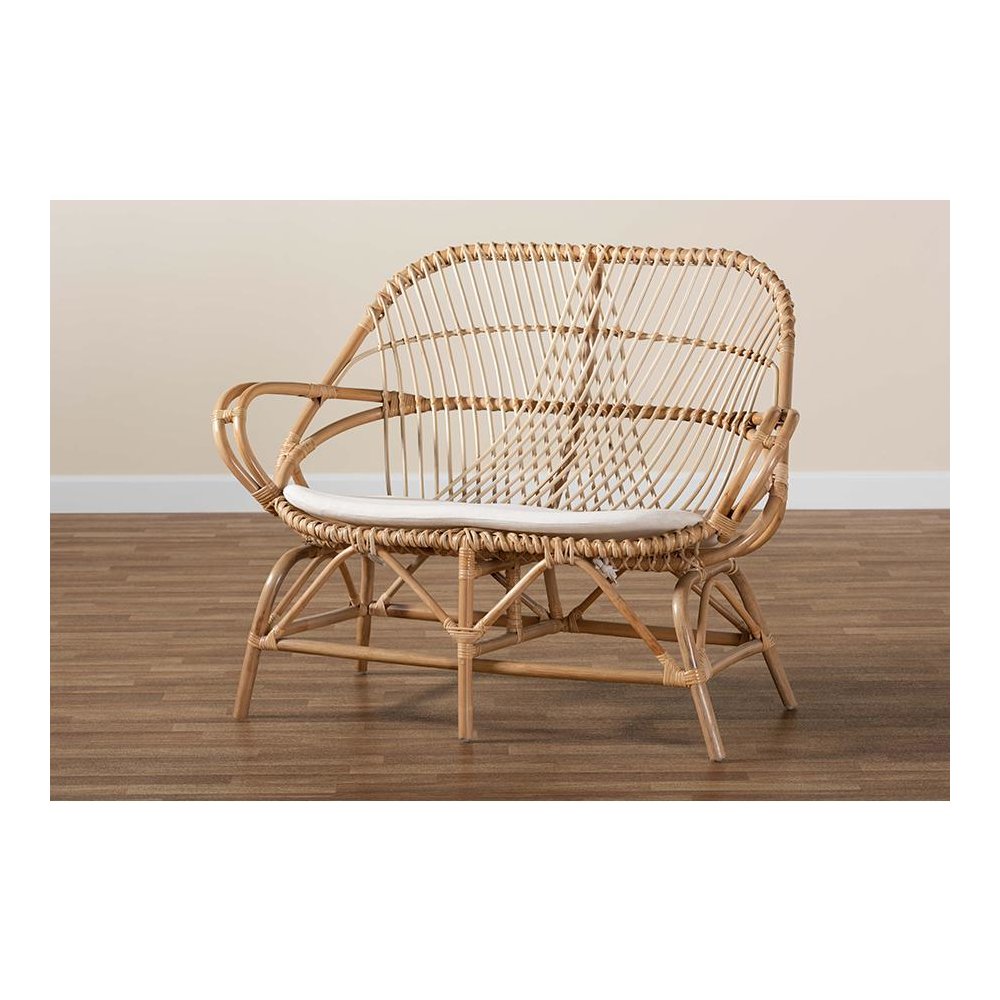 Bohemian White Fabric Upholstered and Natural Brown Finished Rattan Loveseat