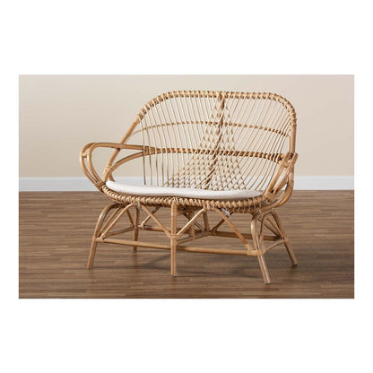 Bohemian White Fabric Upholstered and Natural Brown Finished Rattan Loveseat