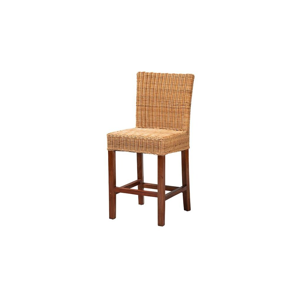 Bohemian Natural Rattan and Mahogany Wood Counter Stool