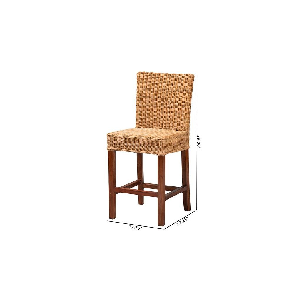 Bohemian Natural Rattan and Mahogany Wood Counter Stool