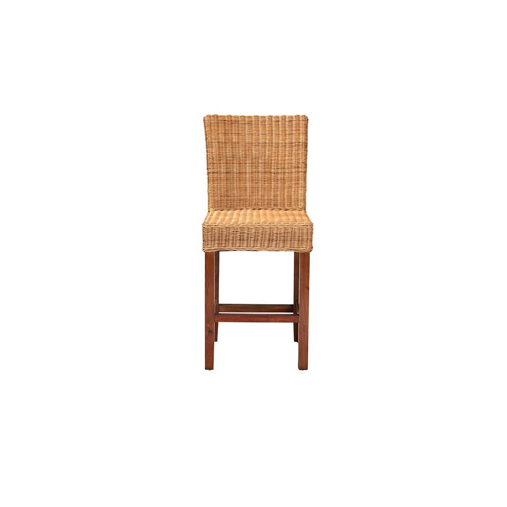 Bohemian Natural Rattan and Mahogany Wood Counter Stool