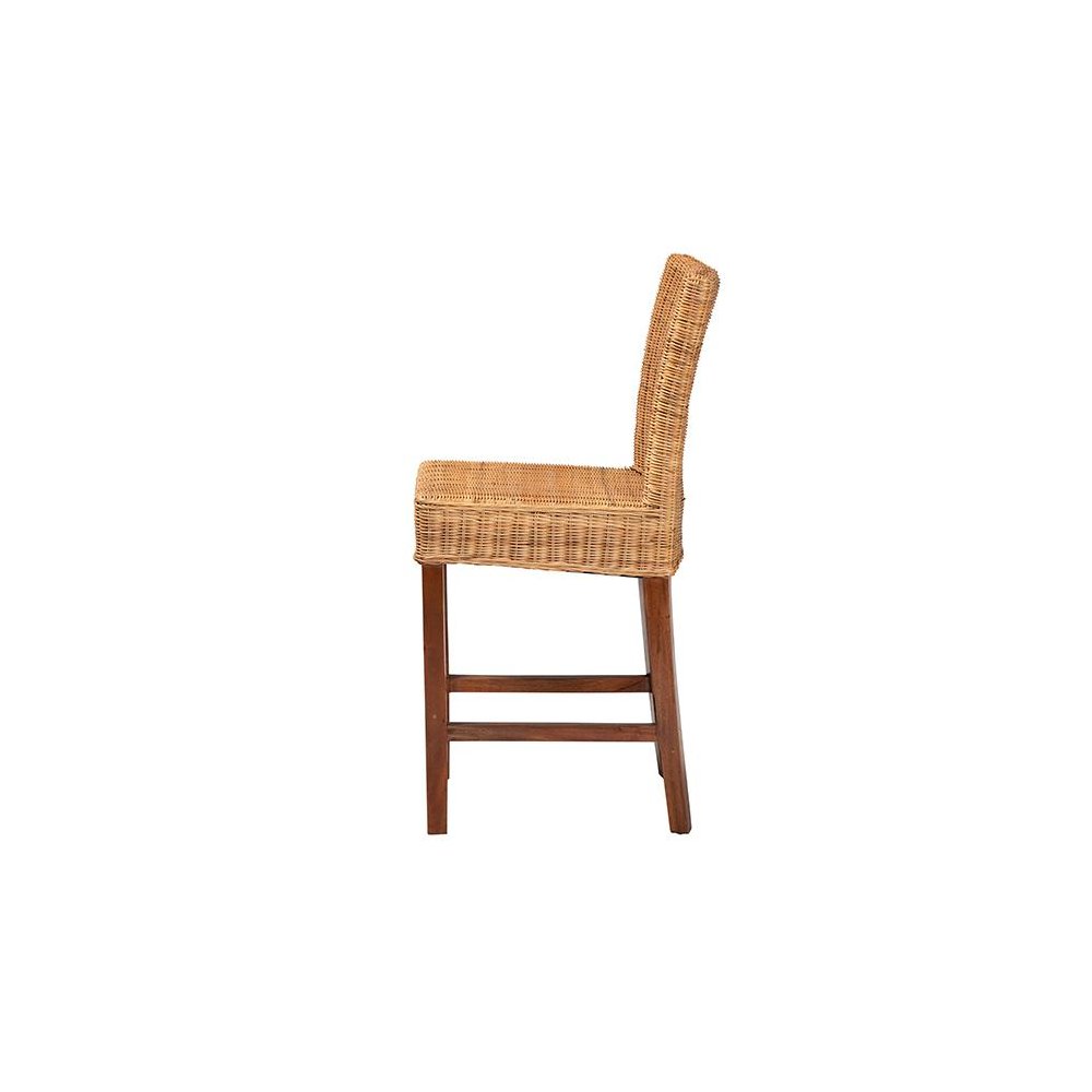 Bohemian Natural Rattan and Mahogany Wood Counter Stool