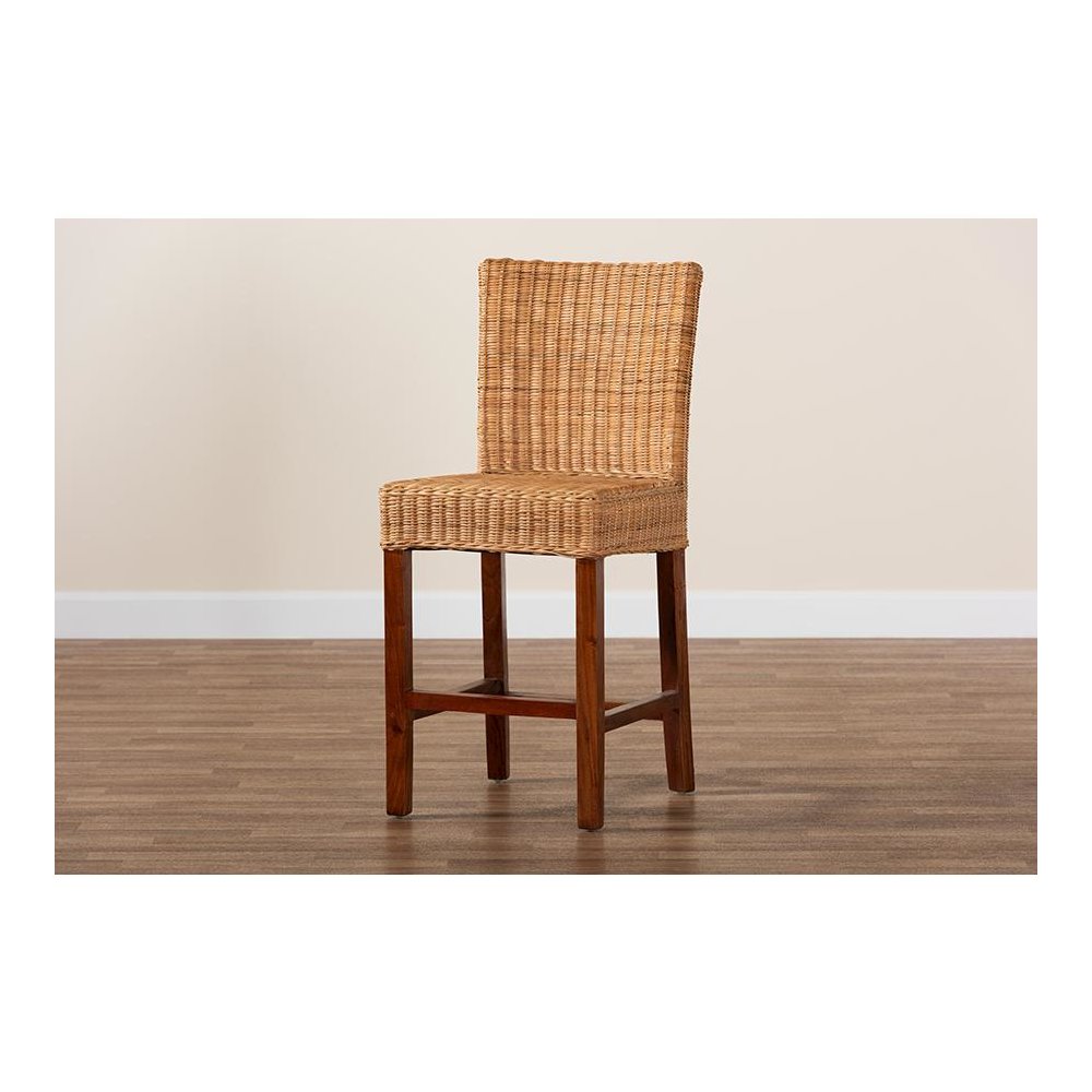 Bohemian Natural Rattan and Mahogany Wood Counter Stool