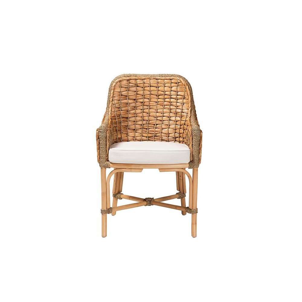 Bohemian Natural Brown Woven Rattan Dining Arm Chair with Cushion