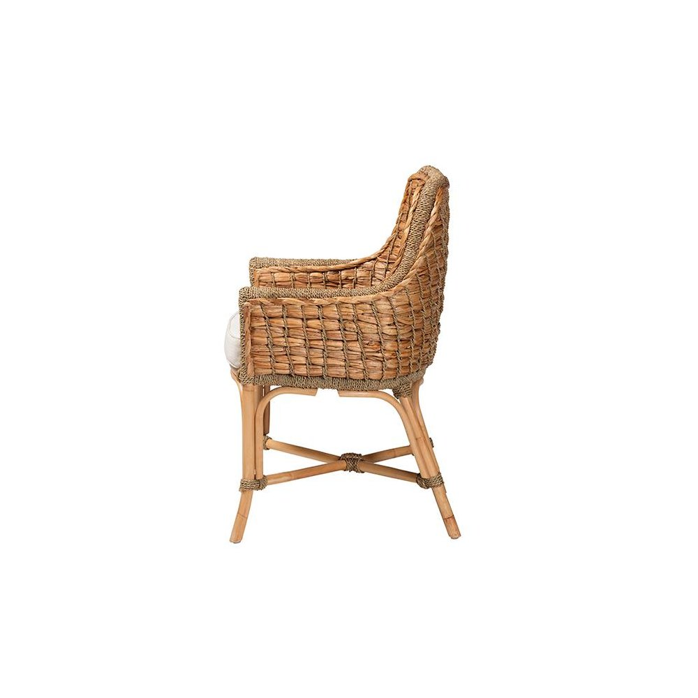 Bohemian Natural Brown Woven Rattan Dining Arm Chair with Cushion