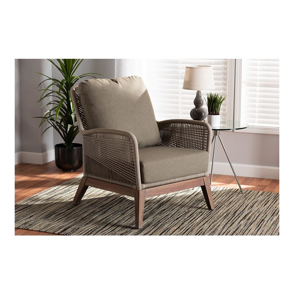 Jennifer Mid-Century Transitional Grey Woven Rope Mahogany Accent Chair
