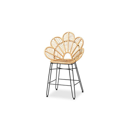 Bohemian Natural Brown Rattan and Black Metal Counter Stool