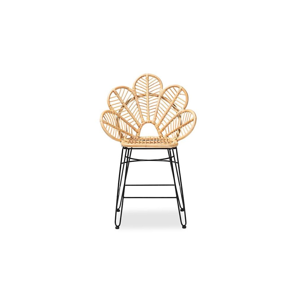 Bohemian Natural Brown Rattan and Black Metal Counter Stool
