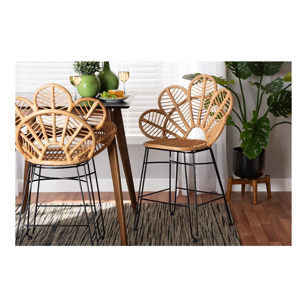 Bohemian Natural Brown Rattan and Black Metal Counter Stool