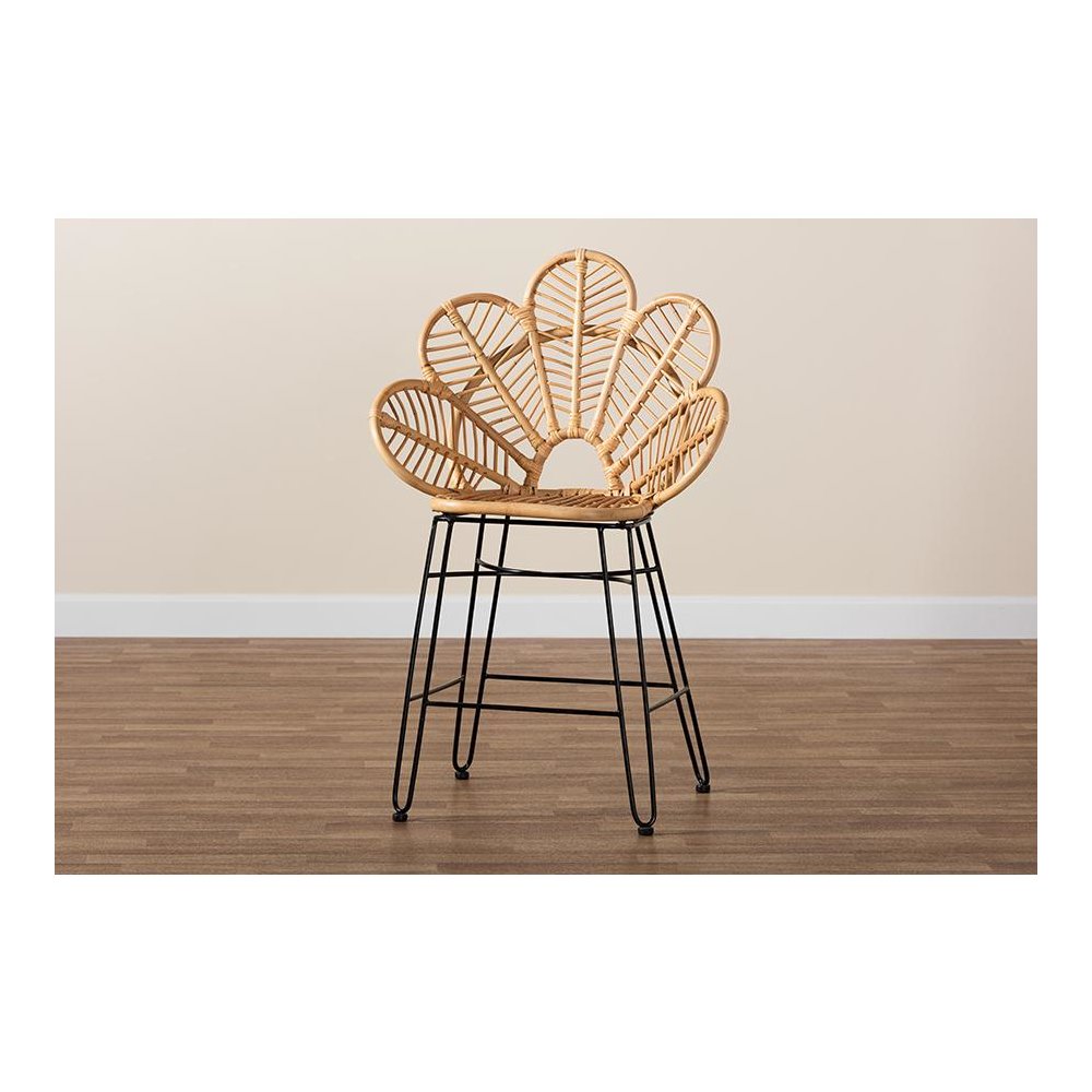 Bohemian Natural Brown Rattan and Black Metal Counter Stool