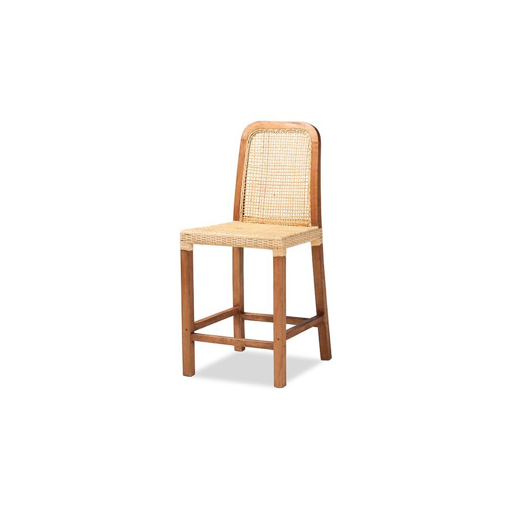 Walnut Brown Mahogany Wood and Natural Rattan Counter Stool