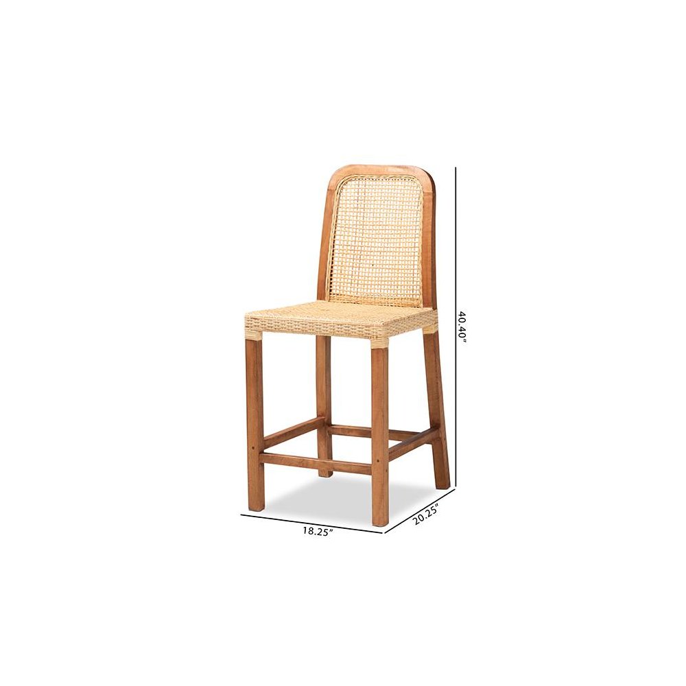 Walnut Brown Mahogany Wood and Natural Rattan Counter Stool
