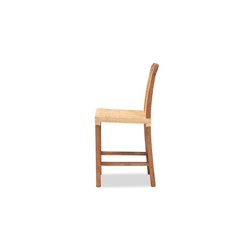 Walnut Brown Mahogany Wood and Natural Rattan Counter Stool