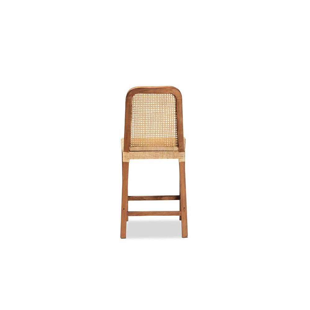 Walnut Brown Mahogany Wood and Natural Rattan Counter Stool