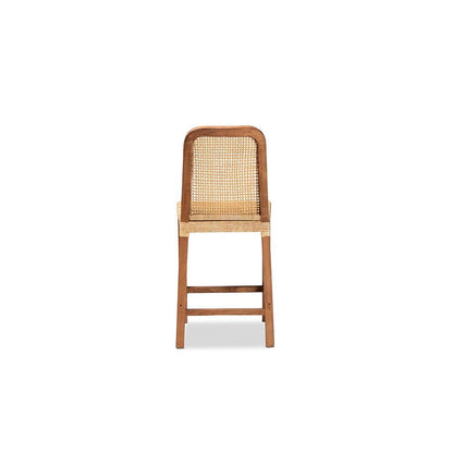 Walnut Brown Mahogany Wood and Natural Rattan Counter Stool