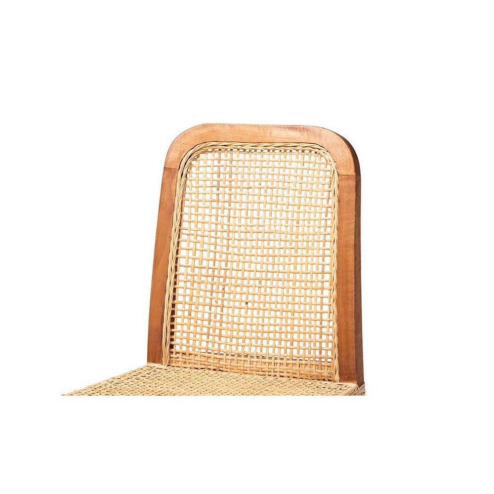 Walnut Brown Mahogany Wood and Natural Rattan Counter Stool