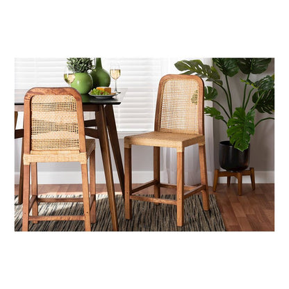Walnut Brown Mahogany Wood and Natural Rattan Counter Stool