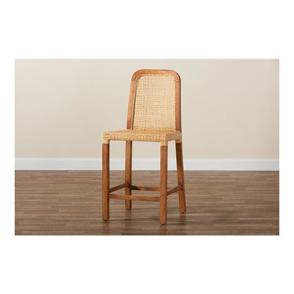 Walnut Brown Mahogany Wood and Natural Rattan Counter Stool
