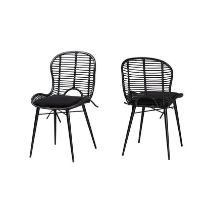 Bohemian Black Finished Rattan and Metal 2-Piece Dining Chair Set