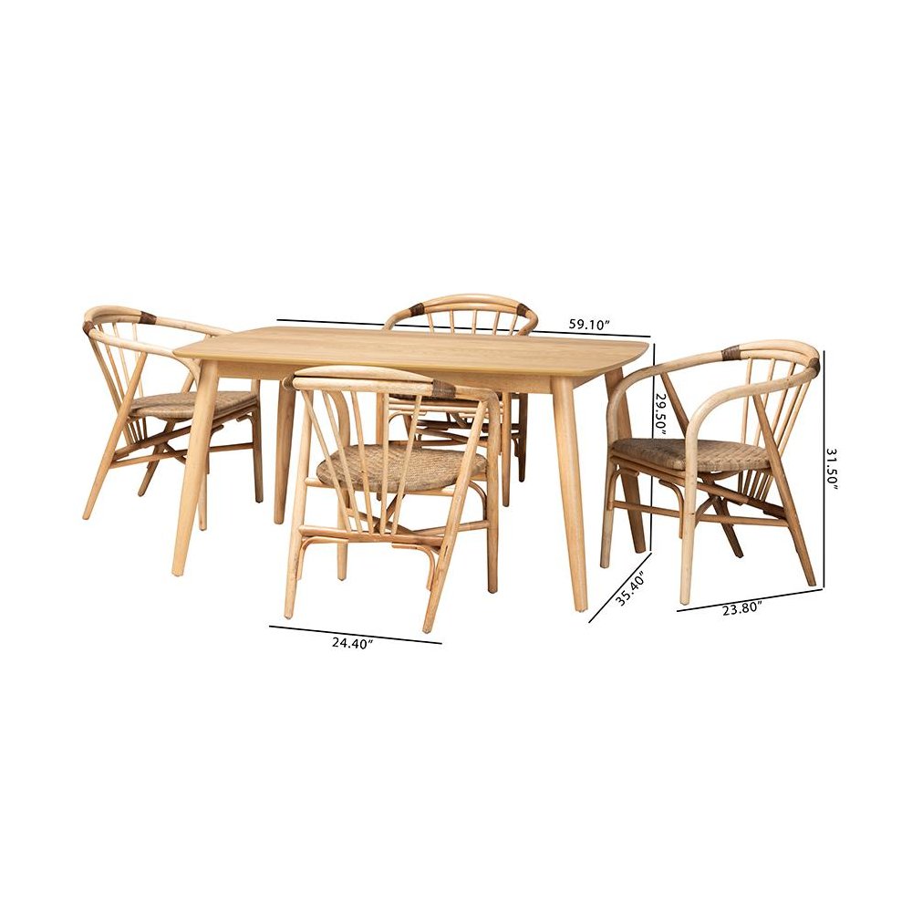 Kyoto Modern Bohemian Natural Brown Finished Wood and Rattan 5-Piece Dining Set