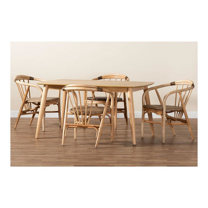Kyoto Modern Bohemian Natural Brown Finished Wood and Rattan 5-Piece Dining Set