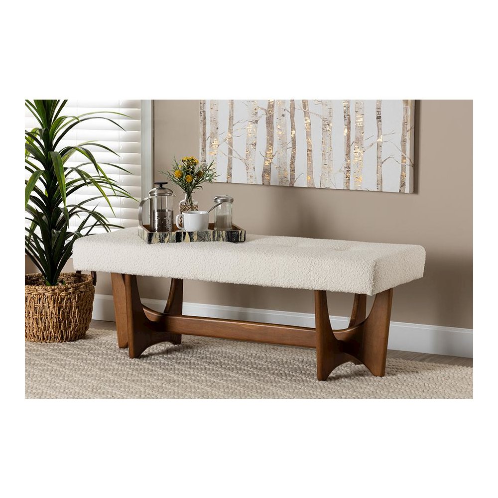 Theo Japandi Cream Boucle Fabric and Walnut Brown Finished Wood Bench