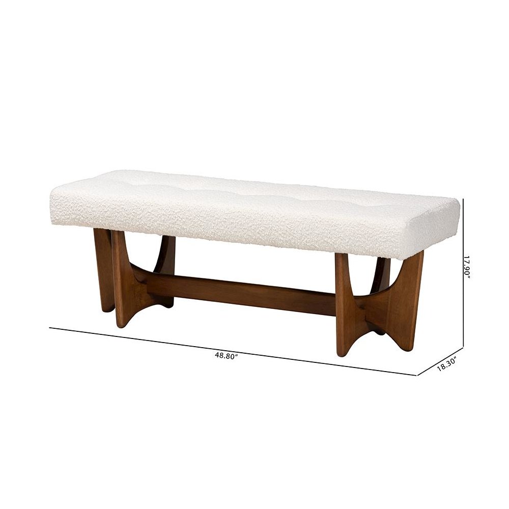 Theo Japandi Cream Boucle Fabric and Walnut Brown Finished Wood Bench