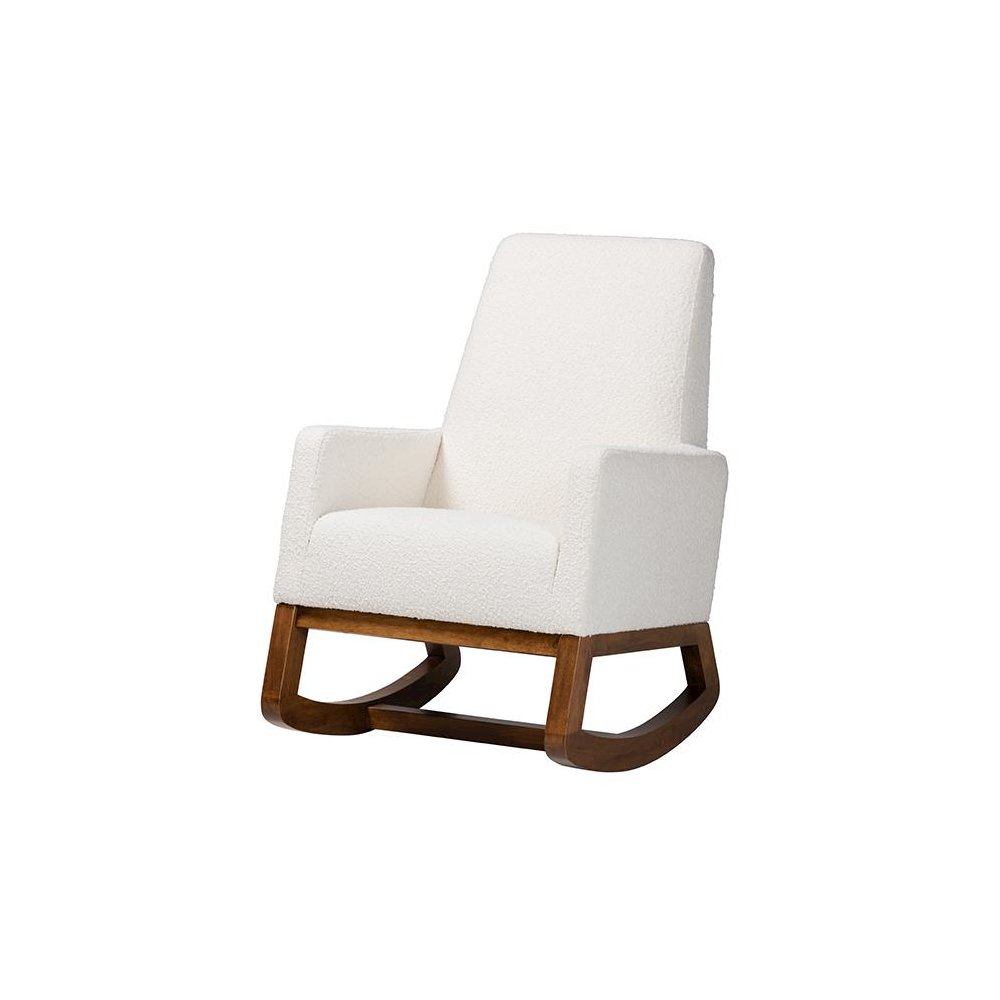 Off-White Boucle Upholstered and Walnut Brown Finished Wood Rocking Chair