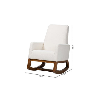 Off-White Boucle Upholstered and Walnut Brown Finished Wood Rocking Chair