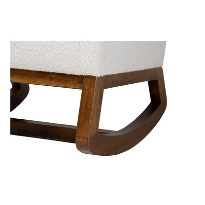 Off-White Boucle Upholstered and Walnut Brown Finished Wood Rocking Chair