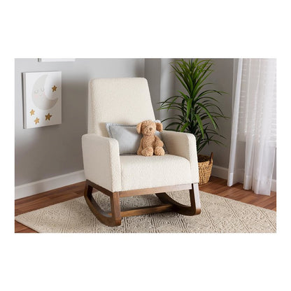 Off-White Boucle Upholstered and Walnut Brown Finished Wood Rocking Chair