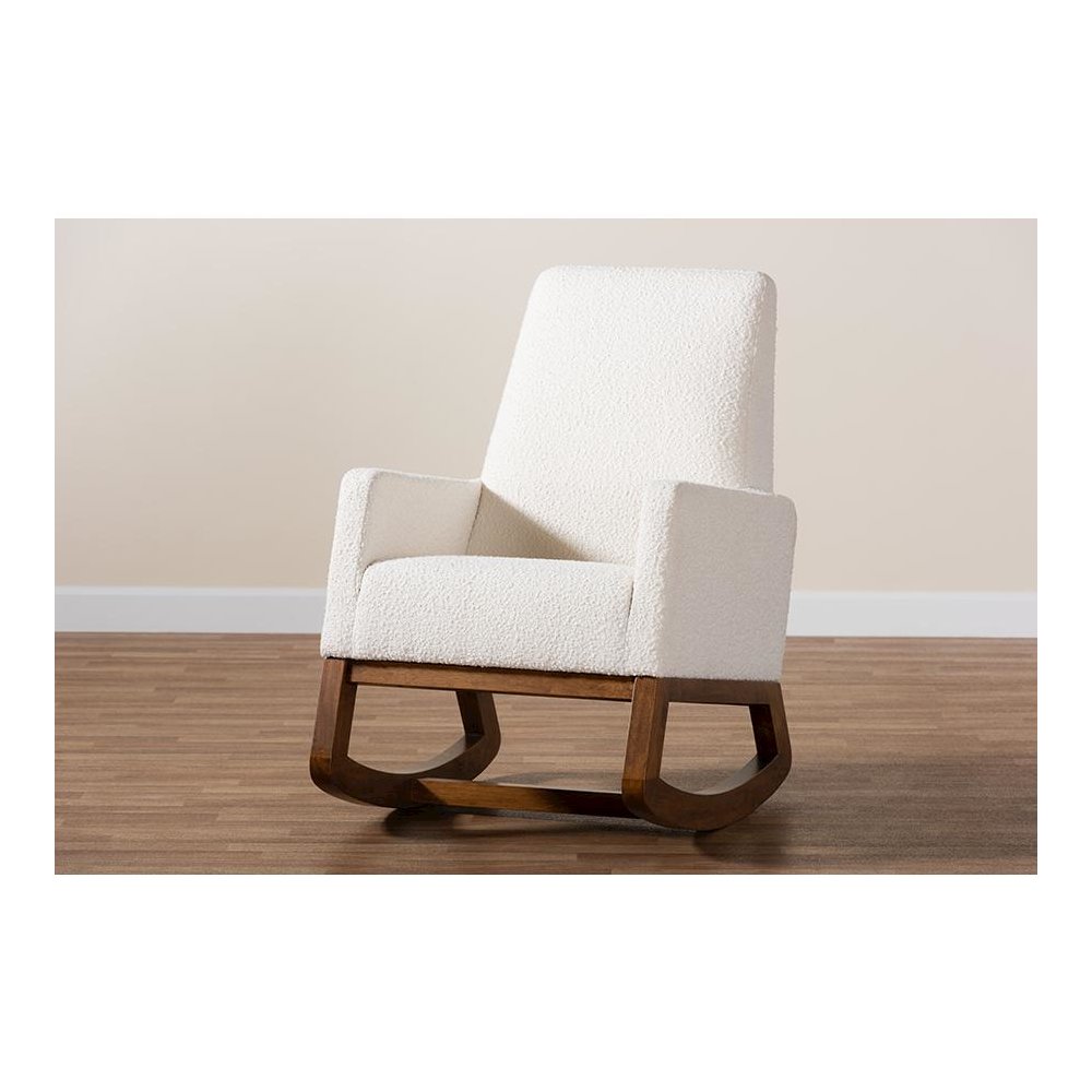 Off-White Boucle Upholstered and Walnut Brown Finished Wood Rocking Chair