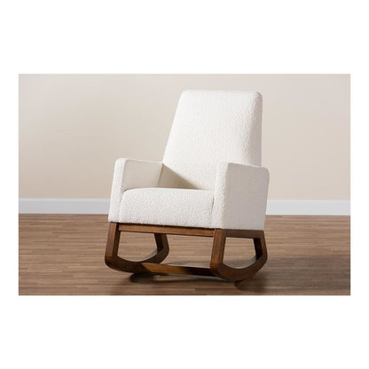 Off-White Boucle Upholstered and Walnut Brown Finished Wood Rocking Chair