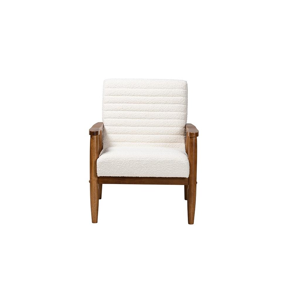 Cream Boucle Fabric and Walnut Brown Finished Wood Armchair
