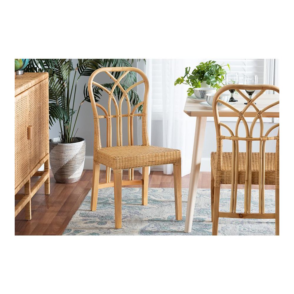 Bohemian Oak Brown Finished Mahogany Wood and Natural Rattan Dining Chair