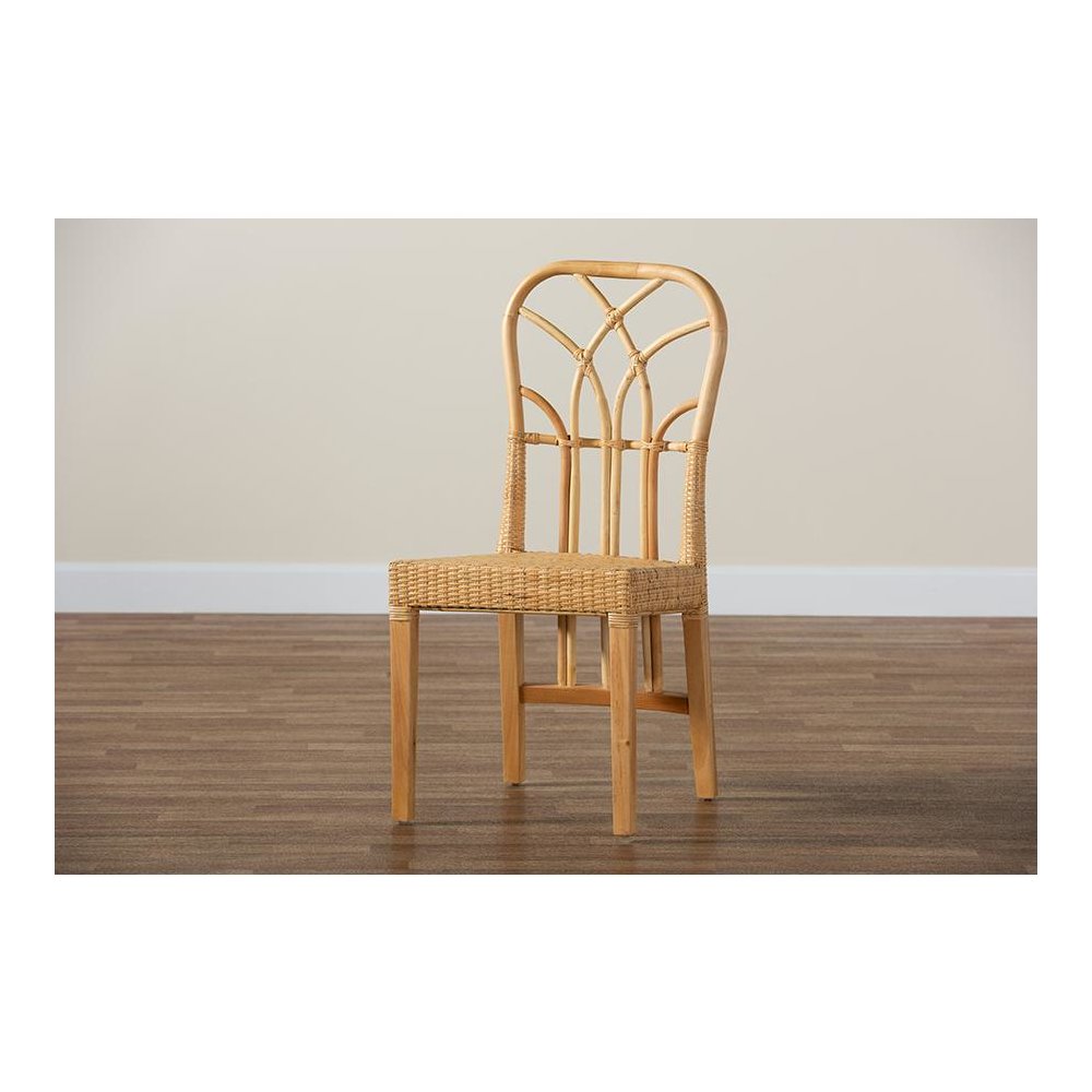 Bohemian Oak Brown Finished Mahogany Wood and Natural Rattan Dining Chair
