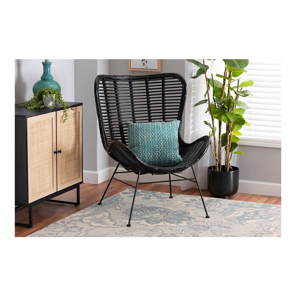 bali & pari Colorado Modern Bohemian Black Rattan and Metal Accent Chair