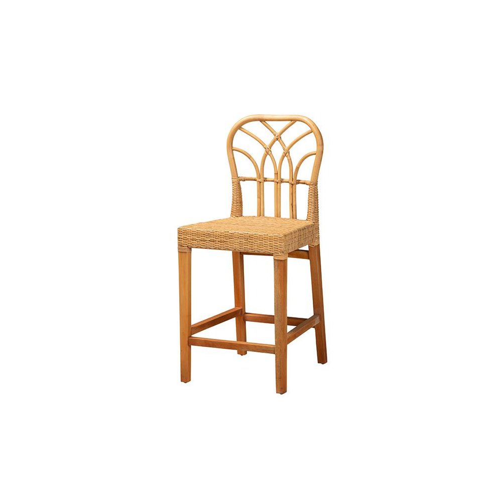 Monaco Modern Bohemian Natural Rattan and Mahogany Wood Counter Stool