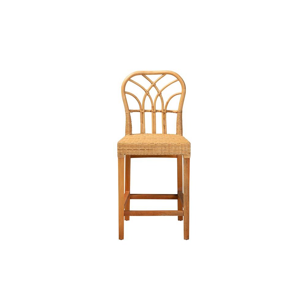 Monaco Modern Bohemian Natural Rattan and Mahogany Wood Counter Stool